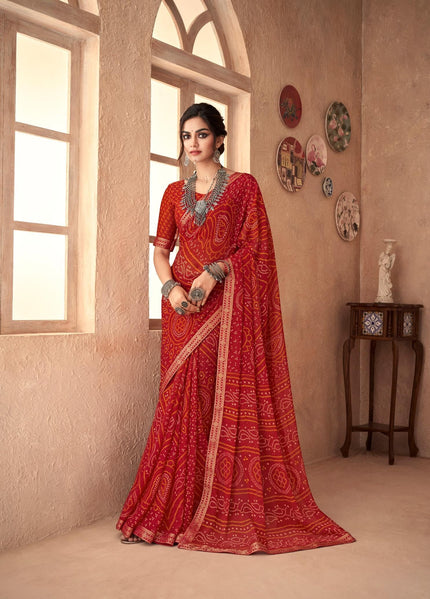 Graphic Print, Printed Bandhani Chiffon, Georgette Saree (Red)