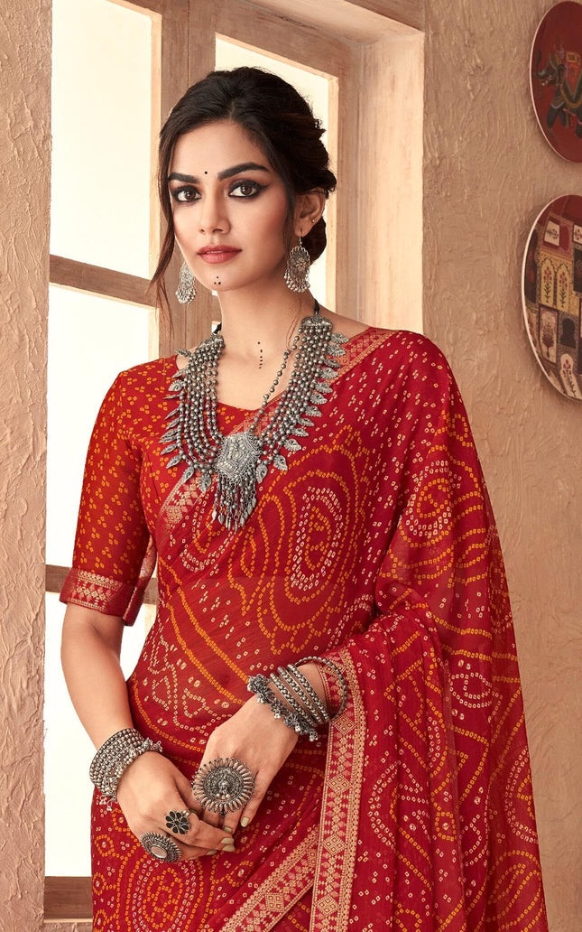 Graphic Print, Printed Bandhani Chiffon, Georgette Saree (Red)