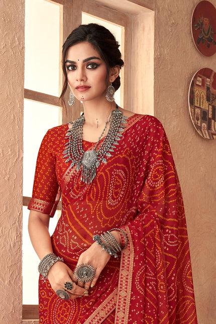 Graphic Print, Printed Bandhani Chiffon, Georgette Saree (Red)