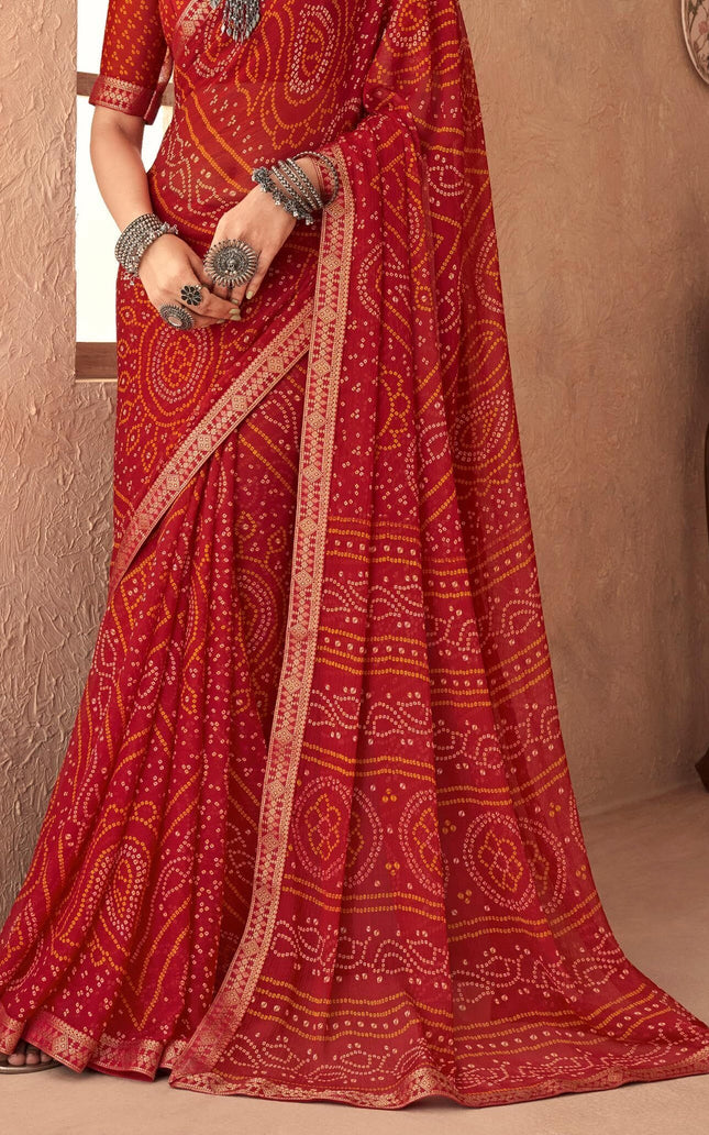 Graphic Print, Printed Bandhani Chiffon, Georgette Saree (Red)