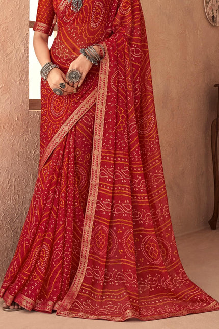 Graphic Print, Printed Bandhani Chiffon, Georgette Saree (Red)