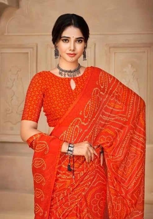 Graphic Print, Printed Bollywood Chiffon, Georgette Saree (Orange)