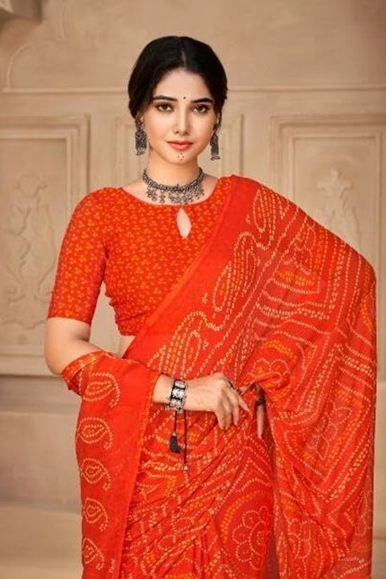 Graphic Print, Printed Bollywood Chiffon, Georgette Saree (Orange)