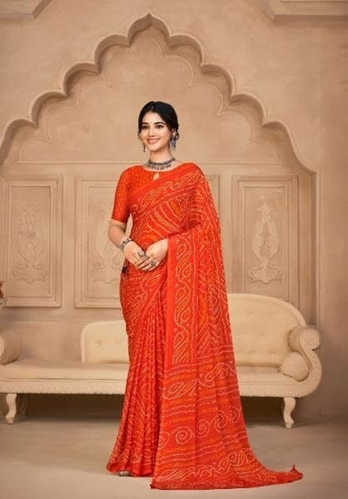 Graphic Print, Printed Bollywood Chiffon, Georgette Saree (Orange)