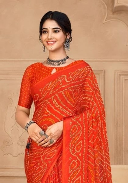 Graphic Print, Printed Bollywood Chiffon, Georgette Saree (Orange)