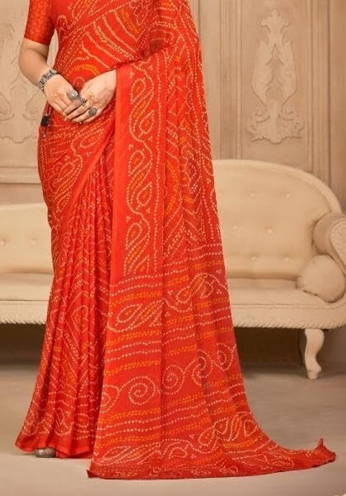 Graphic Print, Printed Bollywood Chiffon, Georgette Saree (Orange)