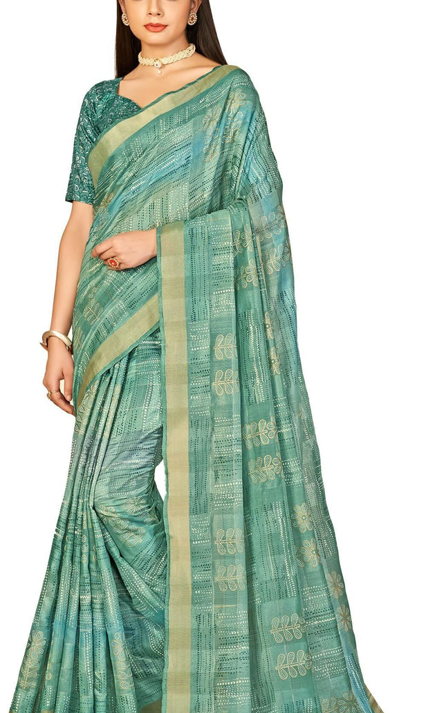 Checkered, Color Block Bollywood Chanderi, Cotton Silk Saree (Green)
