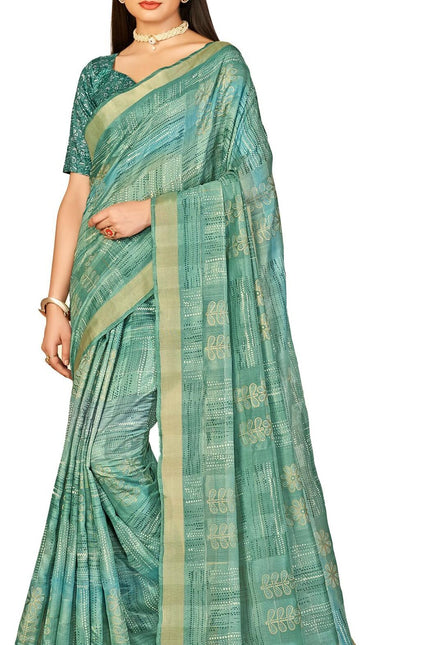 Checkered, Color Block Bollywood Chanderi, Cotton Silk Saree (Green)
