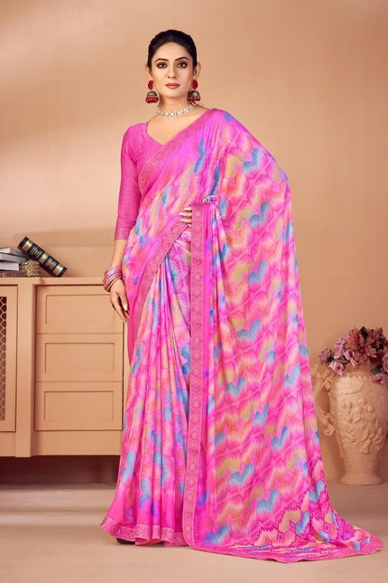 Geometric Print, Graphic Print, Printed Bandhani Chiffon, Lace Saree (Pink)
