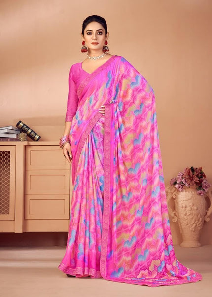 Geometric Print, Graphic Print, Printed Bandhani Chiffon, Lace Saree (Pink)
