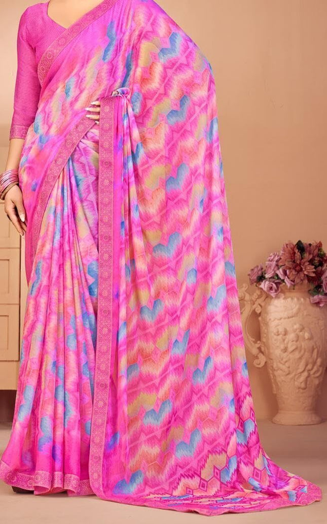 Geometric Print, Graphic Print, Printed Bandhani Chiffon, Lace Saree (Pink)