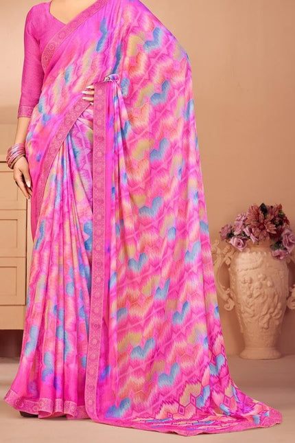 Geometric Print, Graphic Print, Printed Bandhani Chiffon, Lace Saree (Pink)