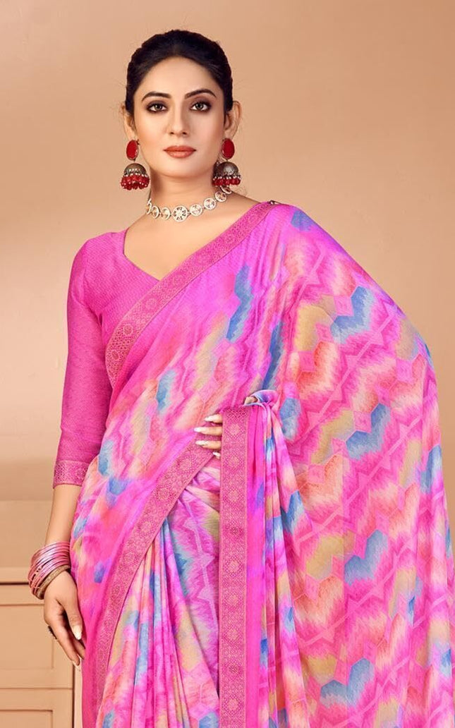 Geometric Print, Graphic Print, Printed Bandhani Chiffon, Lace Saree (Pink)