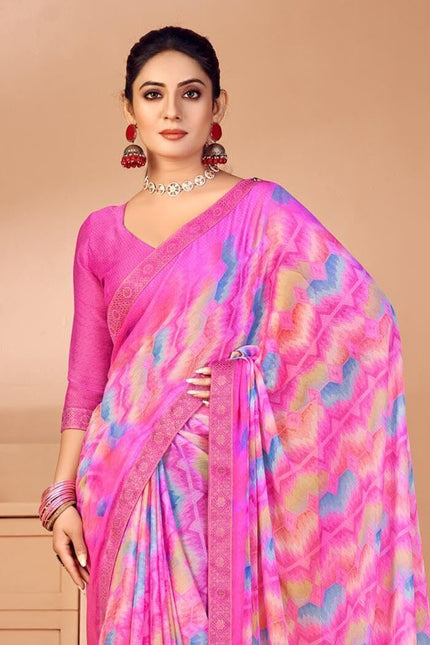 Geometric Print, Graphic Print, Printed Bandhani Chiffon, Lace Saree (Pink)
