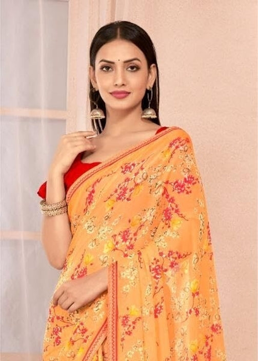 Floral Print, Graphic Print Kalamkari Chiffon, Lace Saree (Orange)