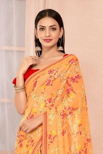 Floral Print, Graphic Print Kalamkari Chiffon, Lace Saree (Orange)