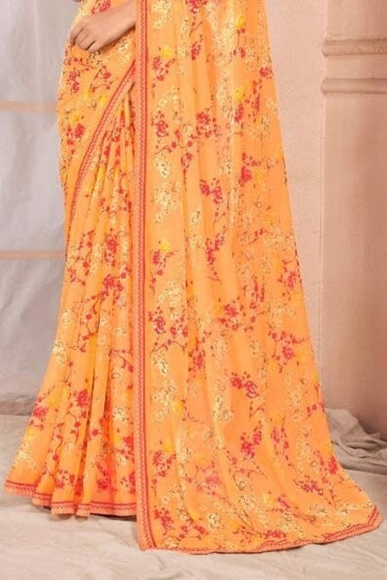 Floral Print, Graphic Print Kalamkari Chiffon, Lace Saree (Orange)
