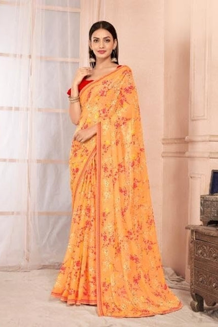 Floral Print, Graphic Print Kalamkari Chiffon, Lace Saree (Orange)