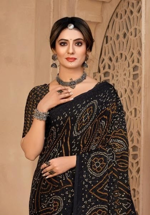 Graphic Print, Printed Bollywood Chiffon, Georgette Saree (Black)