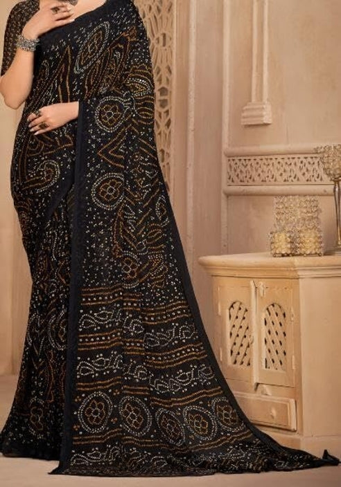 Graphic Print, Printed Bollywood Chiffon, Georgette Saree (Black)