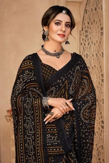 Graphic Print, Printed Bollywood Chiffon, Georgette Saree (Black)