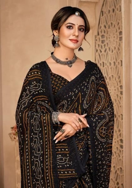 Graphic Print, Printed Bollywood Chiffon, Georgette Saree (Black)