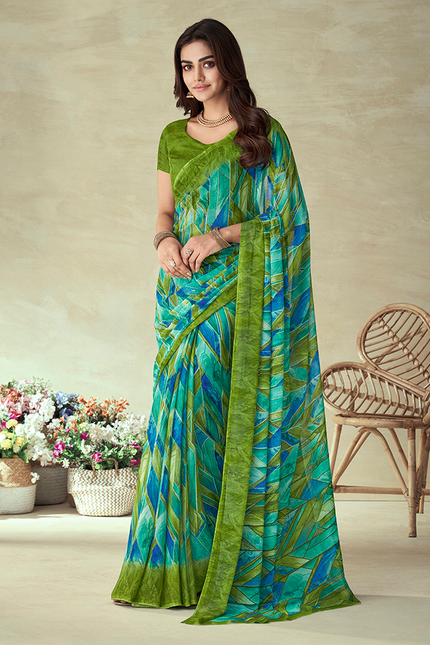 Geometric Print, Graphic Print Bollywood Chiffon, Georgette Saree (Dark Green)