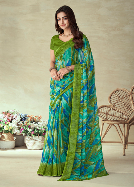 Geometric Print, Graphic Print Bollywood Chiffon, Georgette Saree (Dark Green)