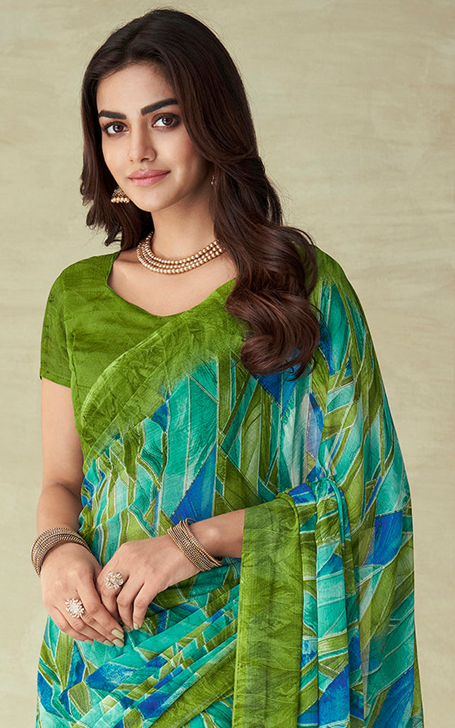 Geometric Print, Graphic Print Bollywood Chiffon, Georgette Saree (Dark Green)