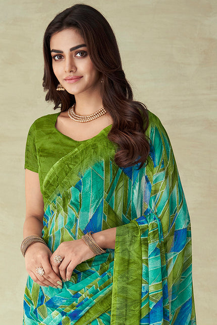 Geometric Print, Graphic Print Bollywood Chiffon, Georgette Saree (Dark Green)