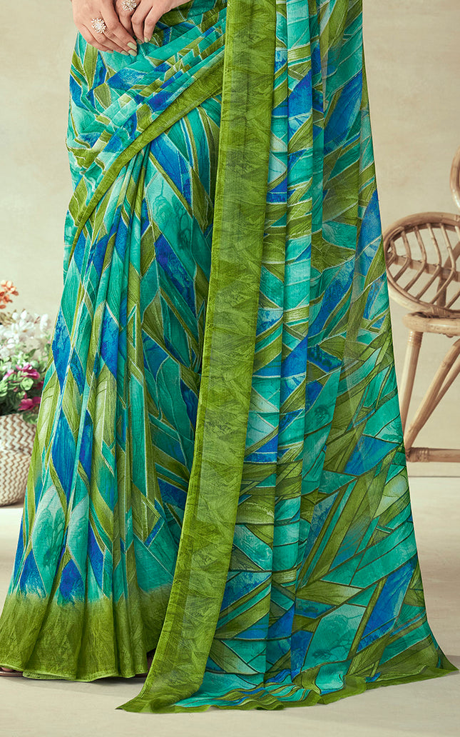Geometric Print, Graphic Print Bollywood Chiffon, Georgette Saree (Dark Green)