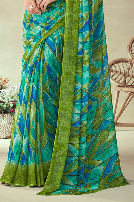 Geometric Print, Graphic Print Bollywood Chiffon, Georgette Saree (Dark Green)