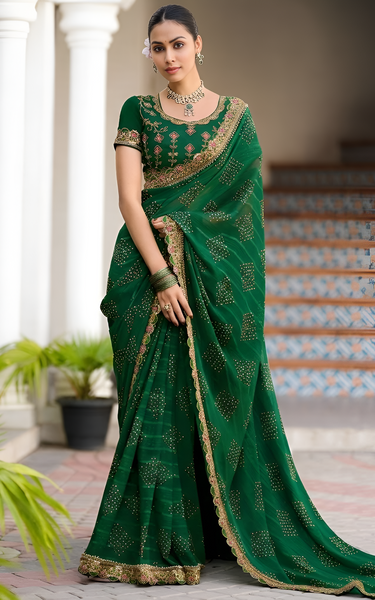Georgette Saree with Embroidered border & Blouse (Green)