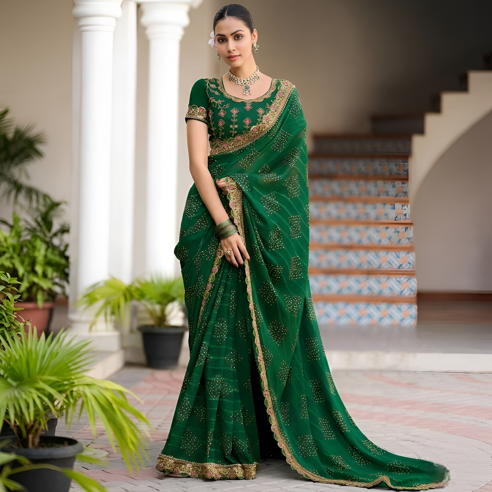 Georgette Saree with Embroidered border & Blouse (Green)