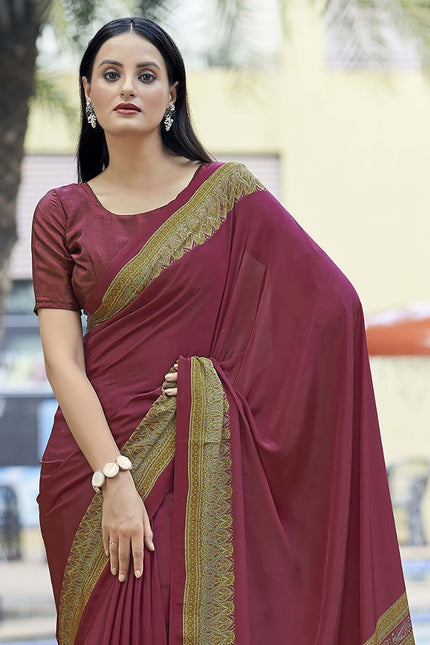 Plain Self Printed, Italian Silk Crape Saree With Contrast Pallu (Dark Maroon)
