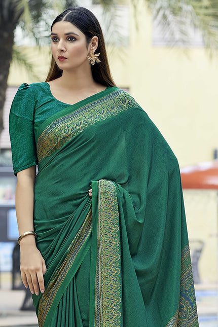 Plain Self Printed, Italian Silk Crape Saree With Contrast Pallu (Rama)