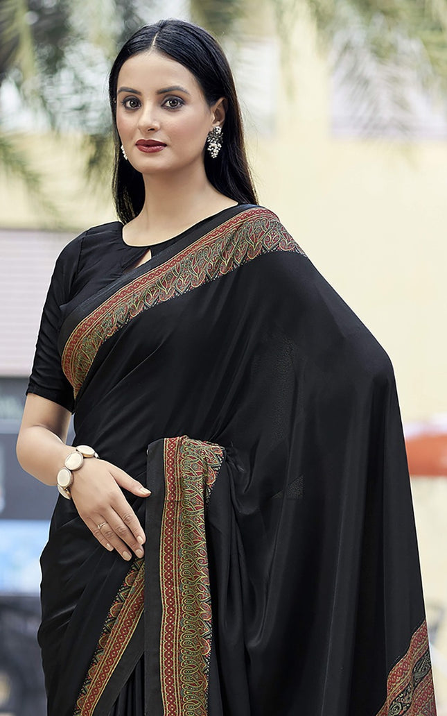 Plain Self Printed, Italian Silk Crape Saree With Contrast Pallu (Black)