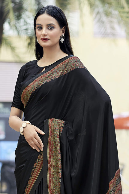 Plain Self Printed, Italian Silk Crape Saree With Contrast Pallu (Black)