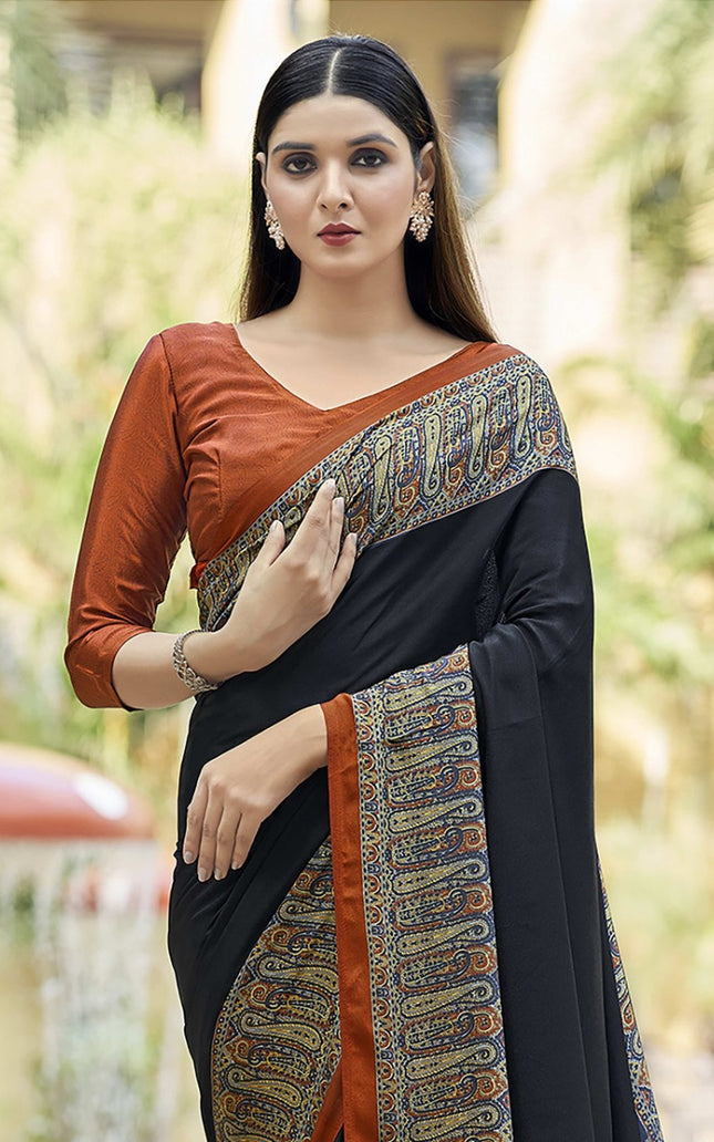 Plain Self Printed, Italian Silk Crape Saree With Contrast Pallu (Black)