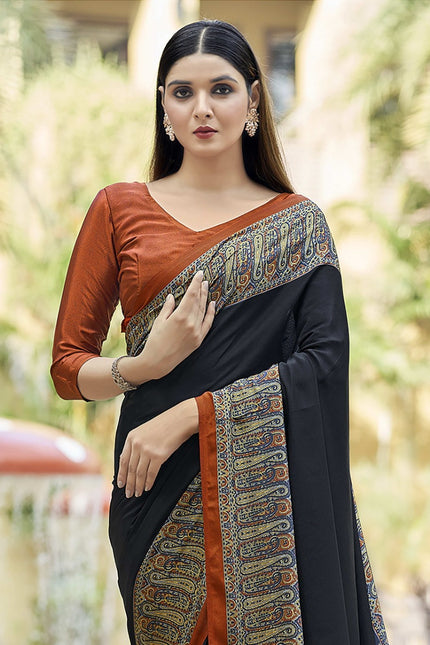Plain Self Printed, Italian Silk Crape Saree With Contrast Pallu (Black)