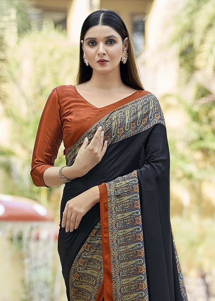 Plain Self Printed, Italian Silk Crape Saree With Contrast Pallu (Black)
