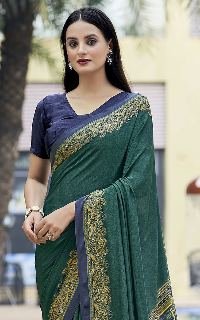 Plain Self Printed, Italian Silk Crape Saree With Contrast Pallu (Rama)