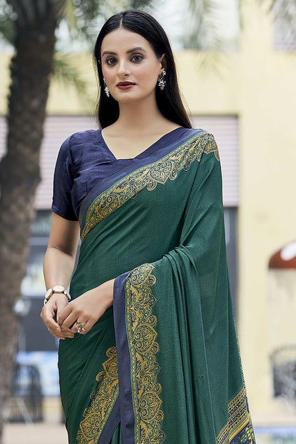 Plain Self Printed, Italian Silk Crape Saree With Contrast Pallu (Rama)
