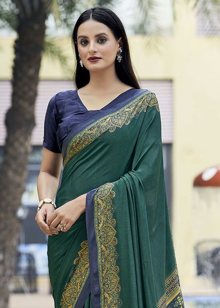Plain Self Printed, Italian Silk Crape Saree With Contrast Pallu (Rama)