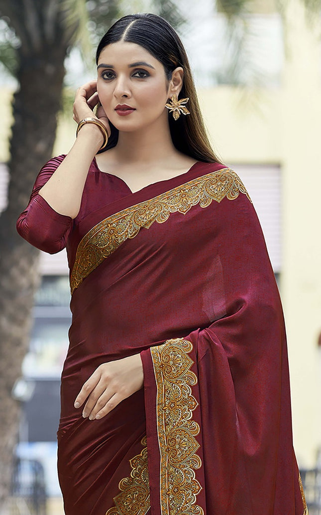 Plain Self Printed, Italian Silk Crape Saree With Contrast Pallu (Red)