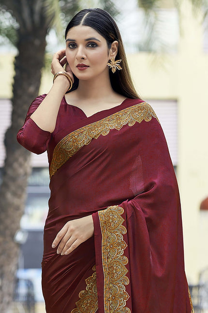 Plain Self Printed, Italian Silk Crape Saree With Contrast Pallu (Red)