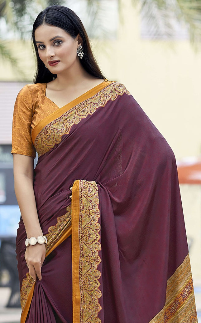 Plain Self Printed, Italian Silk Crape Saree With Contrast Pallu (Maroon)