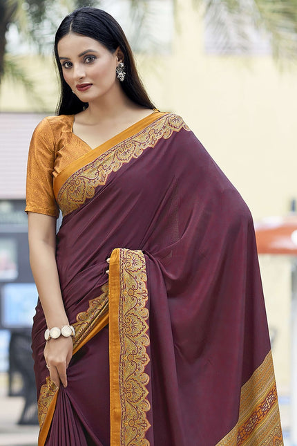 Plain Self Printed, Italian Silk Crape Saree With Contrast Pallu (Maroon)