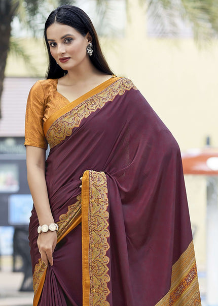 Plain Self Printed, Italian Silk Crape Saree With Contrast Pallu (Maroon)