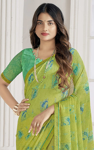 Trendy Self Printed Chiffon saree With All Over Fancy Printed Butta And Attached Siroski Lace (Green)